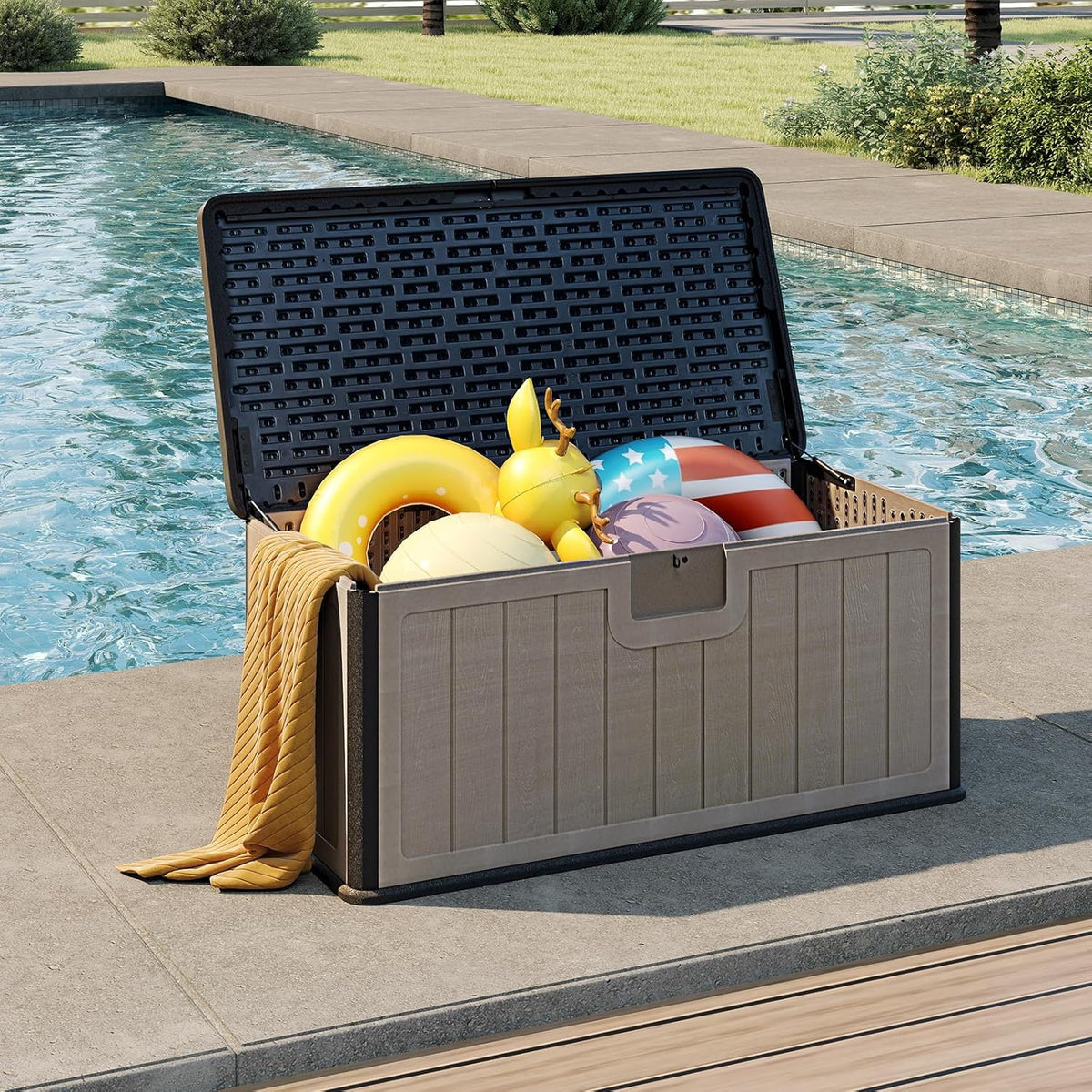 COSTWAY Coffre de Rangement Extérieure en Résine 378 L, Boîte de Rangement Imperméable avec Couvercle Verrouillable, pour des Outils Jouet Accessoires, pour Intérieur et Extérieur (Brun+Noir)