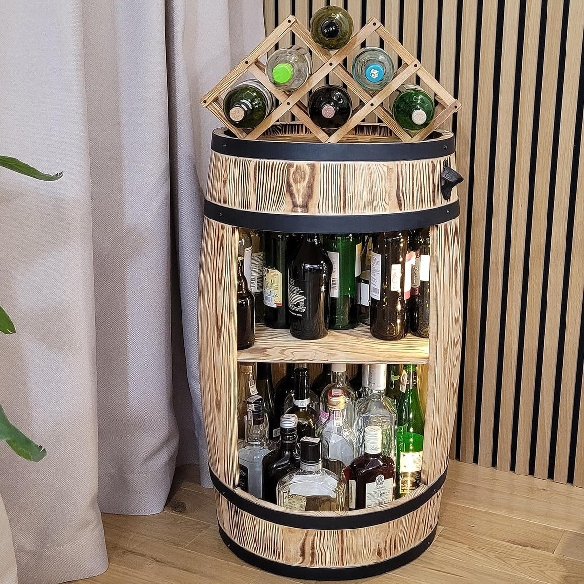weeco Tonneau en Bois Multifonctionnel avec Éclairage LED – Bar à Vin et Casier à Bouteilles – Meuble Rustique pour Rangement de Verres et Alcools 80x50cm