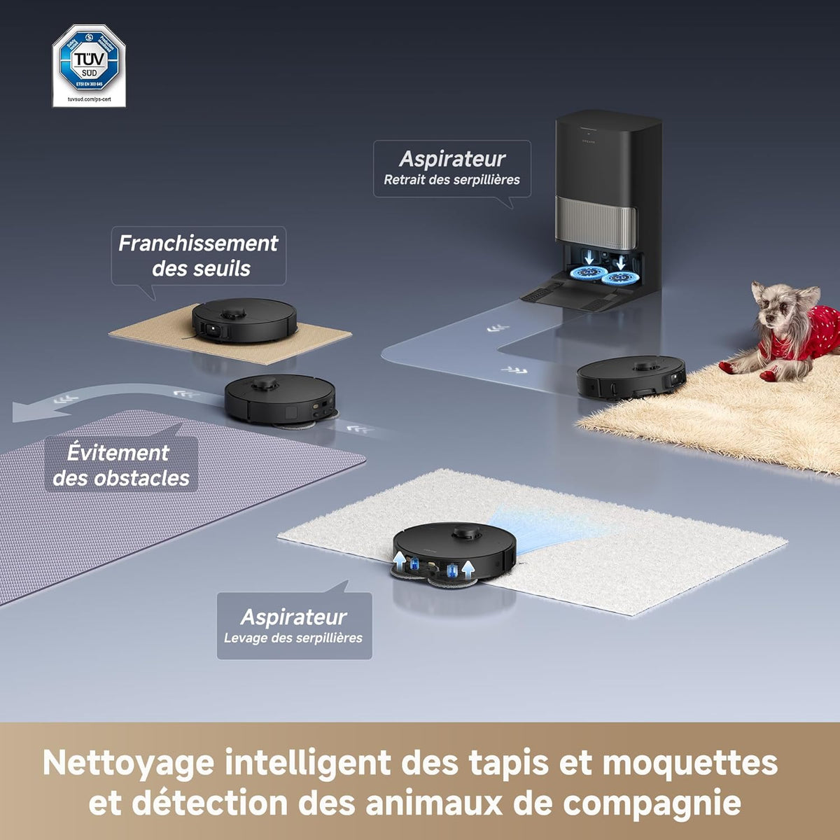 DREAME L40s Pro Ultra Robot Aspirateur, 19 000 Pa, Brosse Double HyperStream, Franchit 4 cm, Brosse latérale extensible et relevable, Nettoyage à la serpillière à l'eau chaude à 75°C,Auto-nettoyant3.0