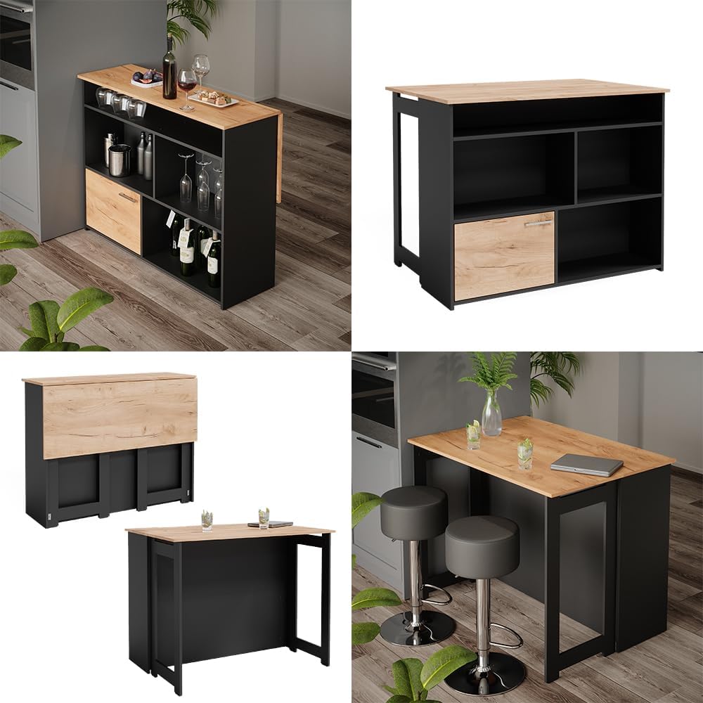 Vicco Table de Bar Dominic, Chêne de Force doré/Anthracite, 116 x 37 cm 4X Compartiments Ouverts et 1x Porte
