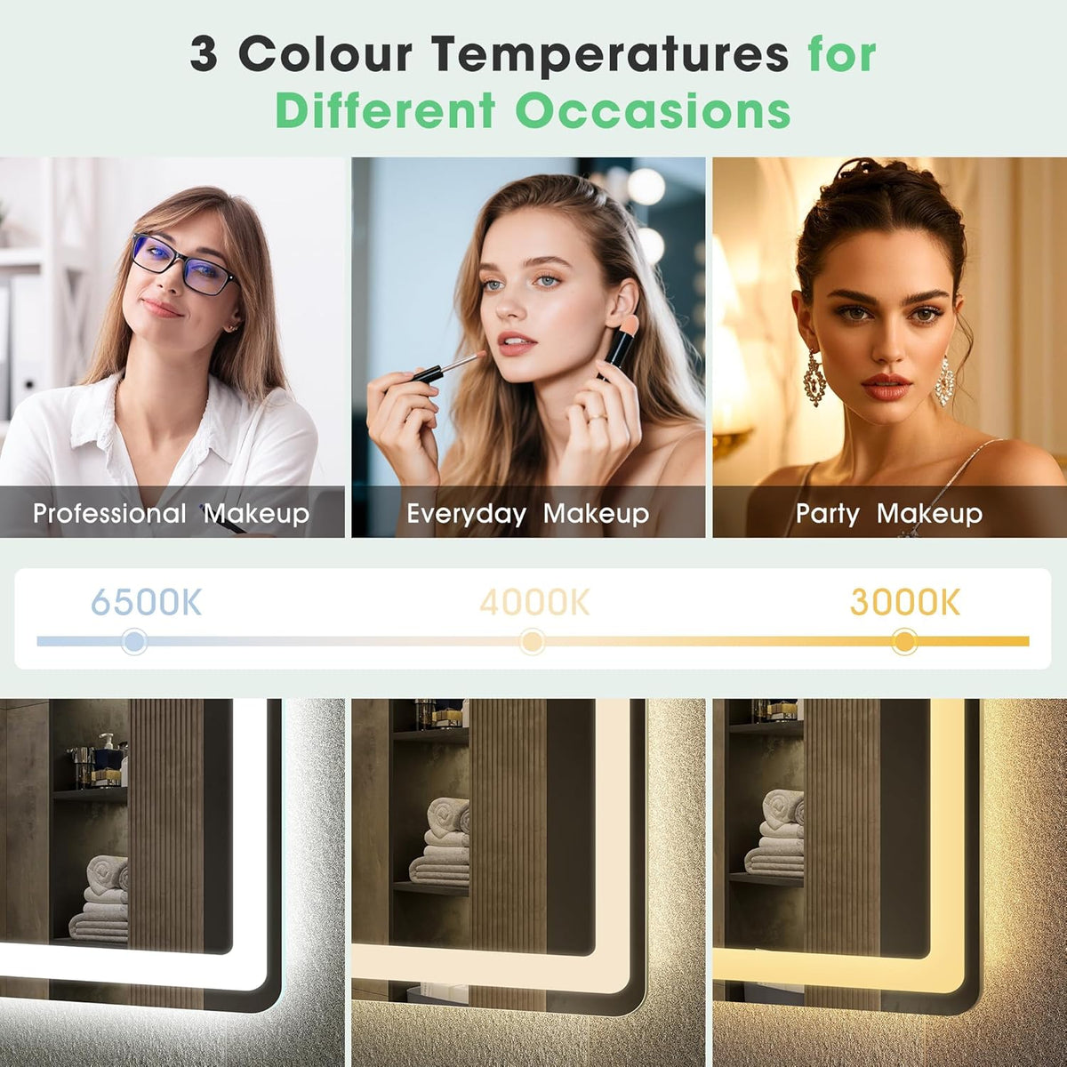 S'bagno Bluetooth-Miroir-Salle-de-Bain-avec-Eclairage-120x70cm, Miroir-LED-Salle-de-Bain Anti-buée, 3000K-6500K, Dimmable, Mémoire, Verre trempé HD, IP44-Miroir-Salle-de-Bain-Led, Horizontal/Vertical