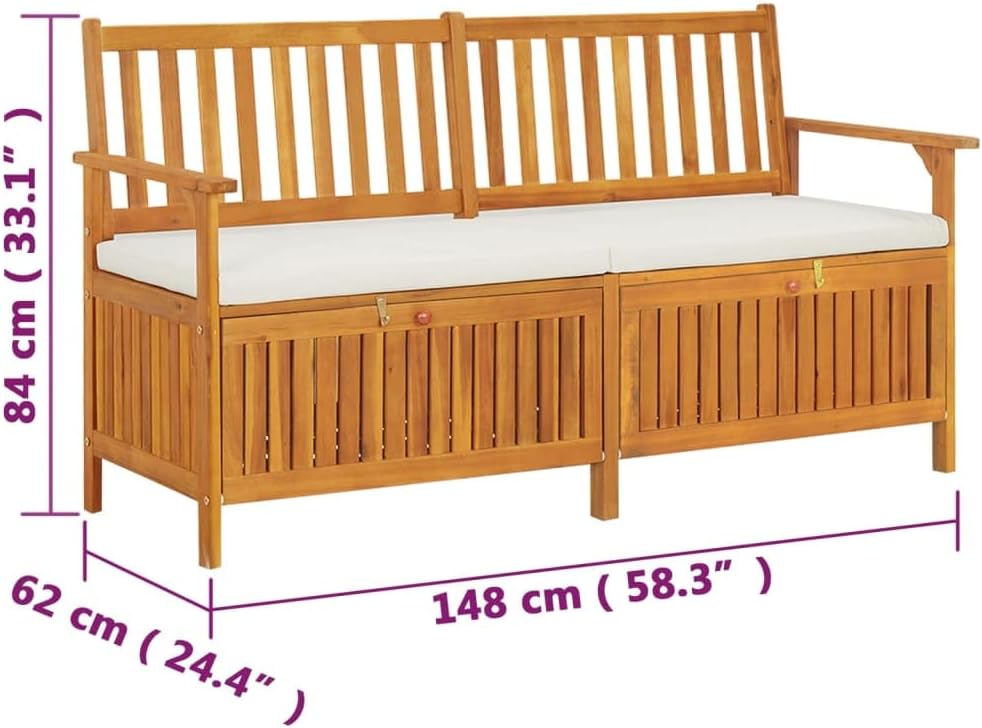 vidaXL Banc de Rangement avec Coussin, Siège avec Rangement, Canapé Rembourré, Meuble de Intérieur et Extérieur, Marron Bois d'Acacia Massif
