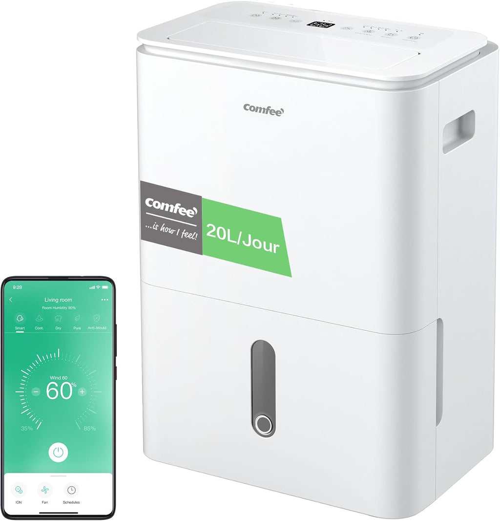 Déshumidificateur 2-EN-1,Elimine l'humidité jusqu'à 20L/Jour, Purification d'air avec ioniseur, 4 Modes, Fonction Air Swing, Contrôle APP, Idéal pour pièces de 37-52㎡, Easy Dry 20