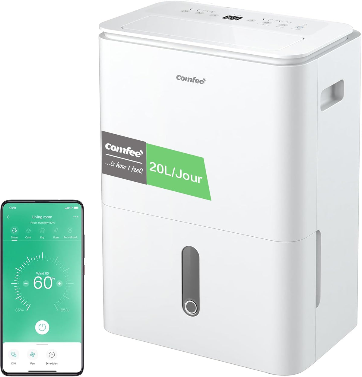 Déshumidificateur 2-EN-1,Elimine l'humidité jusqu'à 20L/Jour, Purification d'air avec ioniseur, 4 Modes, Fonction Air Swing, Contrôle APP, Idéal pour pièces de 37-52㎡, Easy Dry 20