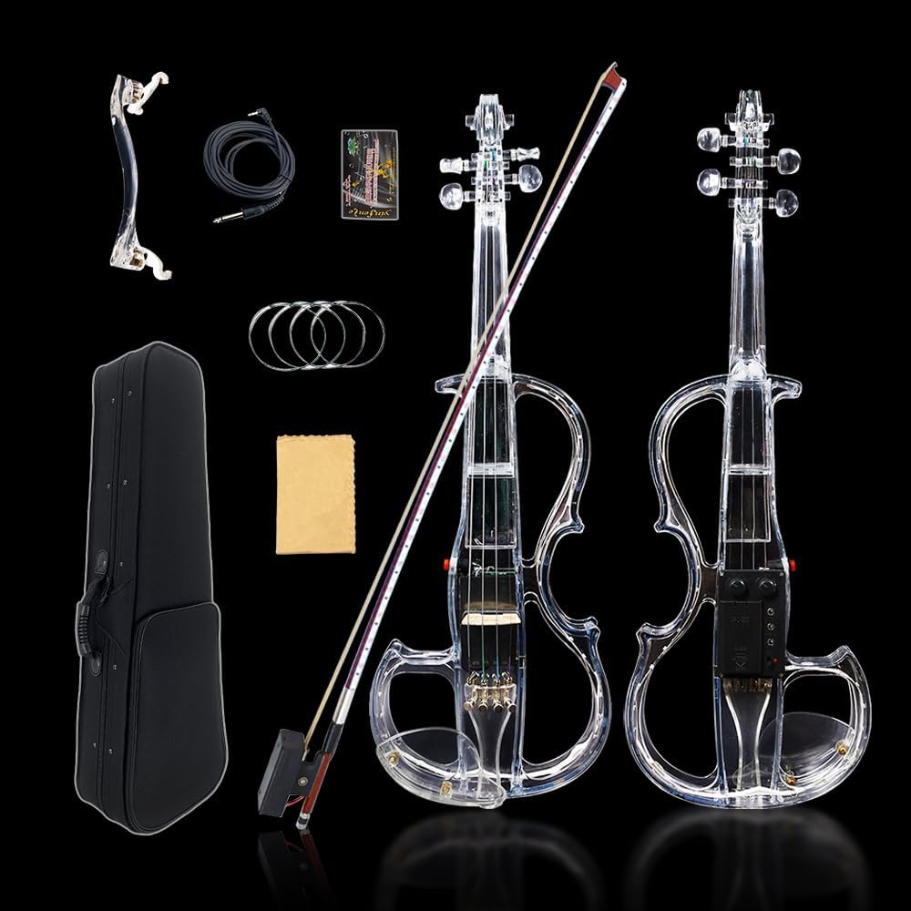 WUQIMUSC Violon électrique taille 4/4, corps en verre acrylique transparent, 3 couleurs, lumière LED, joli ton avec étui, ruban, elv-led