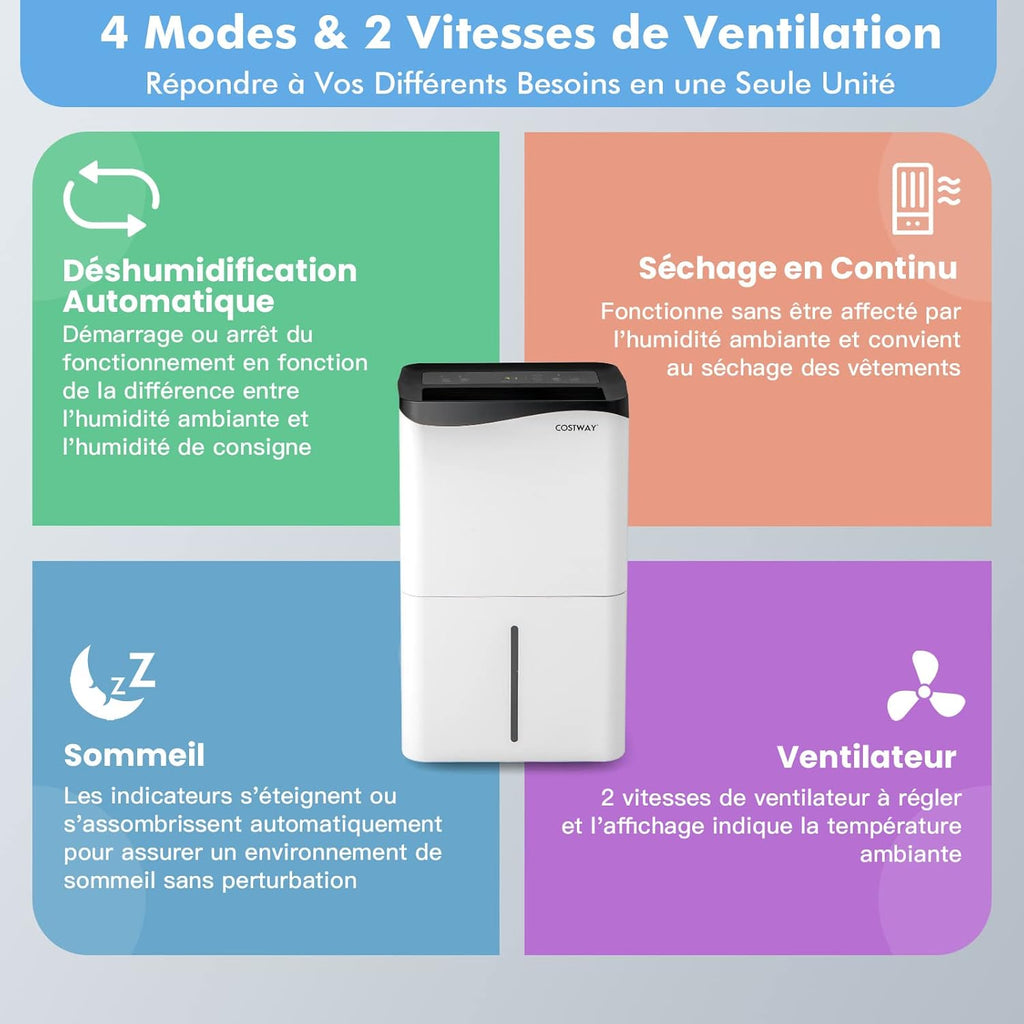 COSTWAY Déshumidificateur Portable 50L/Jour avec Réservoir 5L pour Pièces jusqu'à 100m², 2 Vitesses de Ventilation Minuterie 24H 4 Modes Contrôle WiFi, pour Maison et Bureau