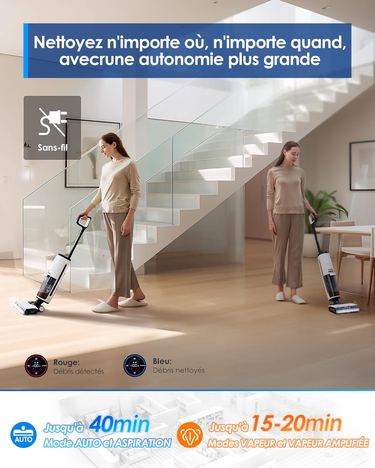 Tineco Floor One S7 Steam Nettoyeur de Sols sans-Fil Balai Vapeur pour Saletés Collantes sur Sols Durs avec Écran Auto-Nettoyage Nettoyage des Bords Autopropulsion Parfait pour Enfants/Animaux
