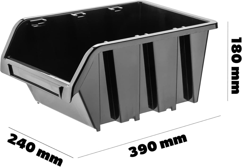 KADAX Boîtes de Rangement Murales, Boîtes Empilables en Plastique pour Organiser Vos Outils, Bacs à Bec pour Garage Lot de 50 : Noir, 390 x 240 mm