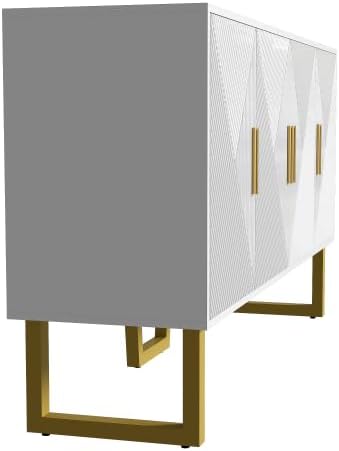 Buffet Salon Blanc Moderne avec 4 Portes Texturées, Façade Brillante, Poignées Dorées, Meuble Elégant, 150x40x82cm