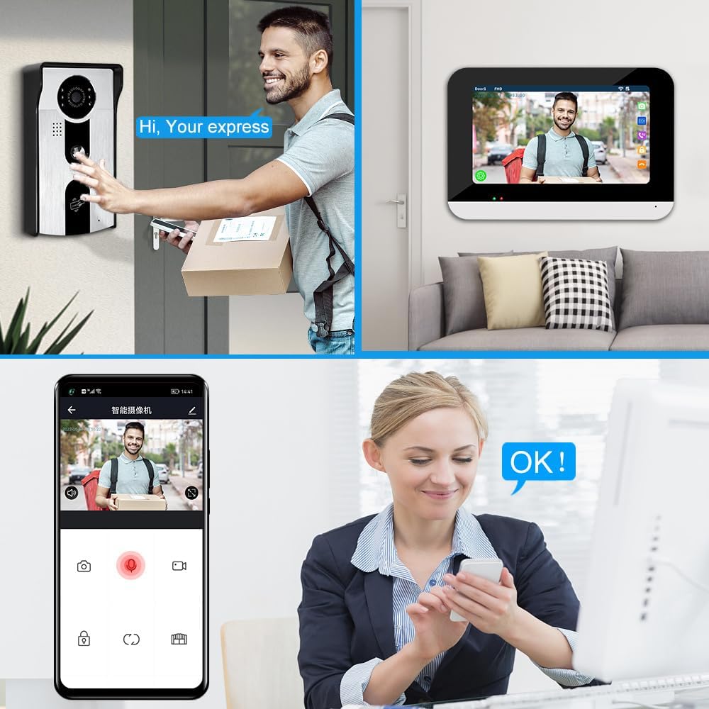 Wifi Tuya Accueil Vidéo Sonnette Interphone Système 7 Pouces Couleur écran Tactile Affichage Intérieur + 1080P HD RFID Caméra Extérieure IR Vision Nocturne