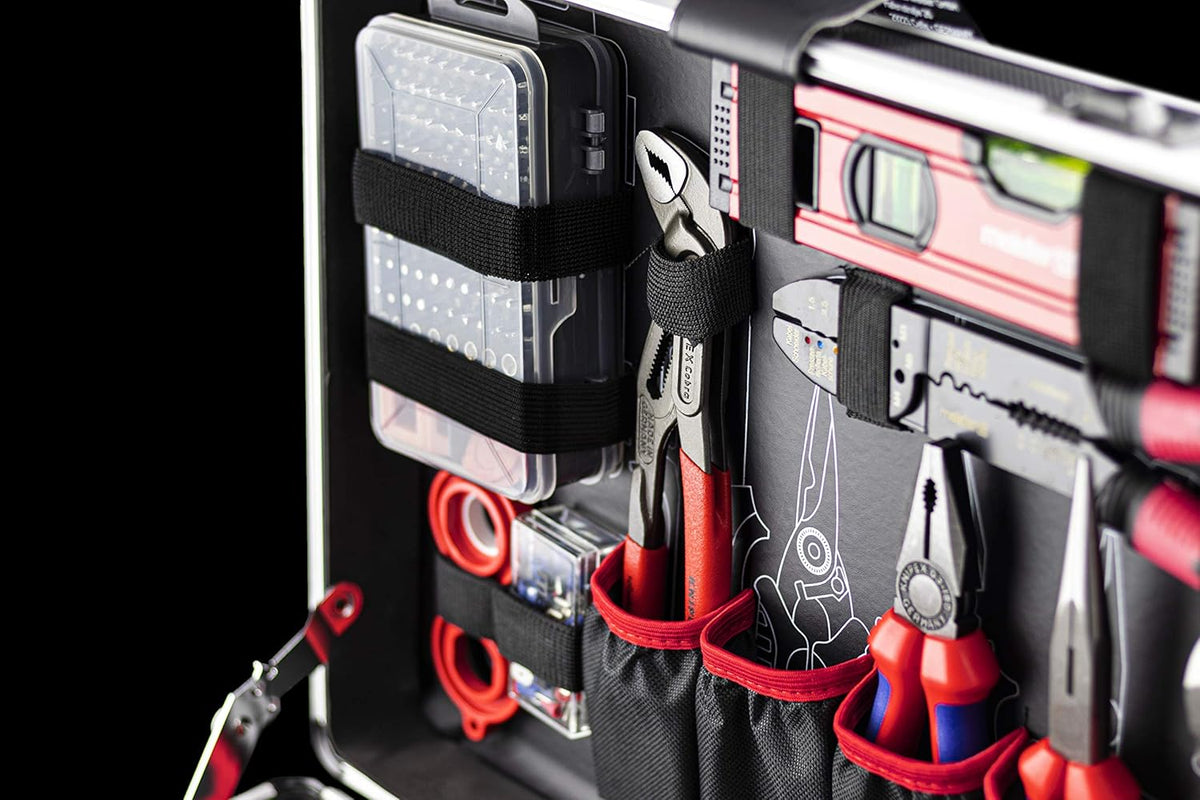 Meister 8973770 Tool Boîte à outils professionnelle remplie de qualité Knipex et Wera, manche télescopique sur roues