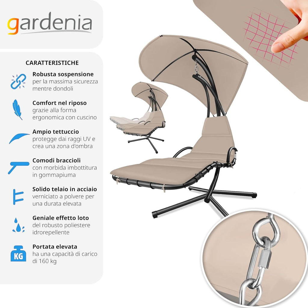 Gardenia Hamac Fauteuil Chaise Longue Suspendue à Bascule avec Pare-Soleil Kelly Beige