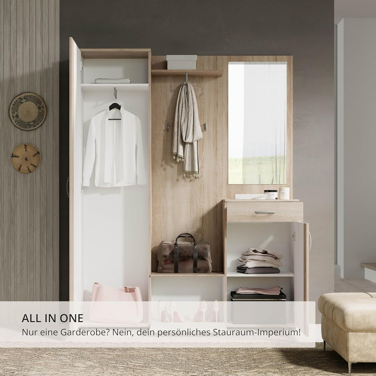 Stella Trading PATENT Ensemble de vestiaires d'entrée en aspect chêne Sonoma, blanc - Vestiaire compact stylé avec miroir pour votre entrée - 145 x 184 x 29 cm (L/H/P), marron