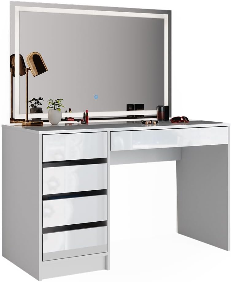 Vicco Coiffeuse Sherry, Blanc Haute Brillance, 120 cm avec éclairage LED