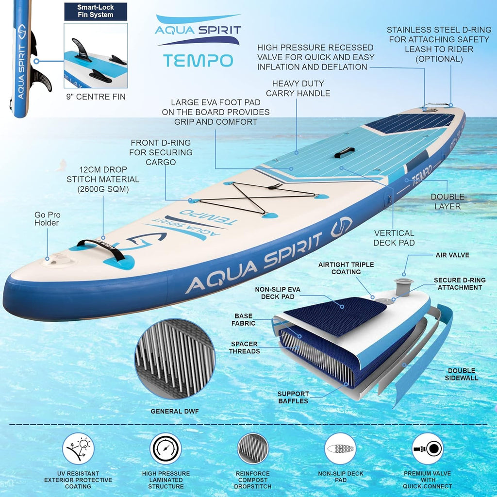 AQUA SPIRIT Tempo Sup Stand up Gonflable Surf Planche de Paddle pour Adulte Unisexe Débutant intermédiaire 320x81x15cm Charge Max 120KG avec Pagaie Réglable, Matelas à Langer Garantie De 2 Ans