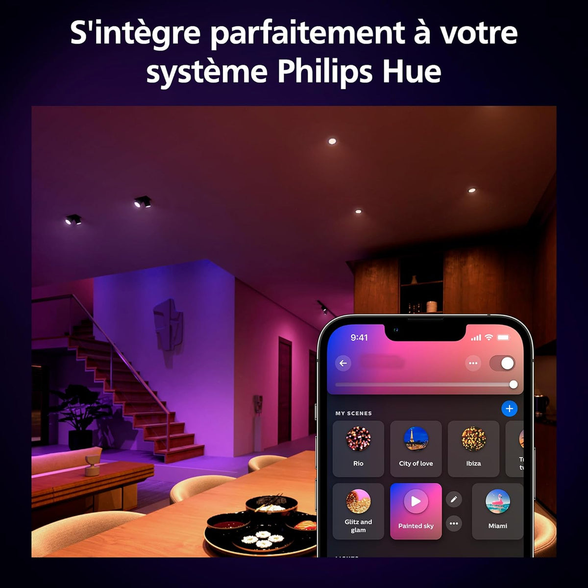 Hue Kit de Démarrage : Bridge Pro + 3 Spots GU10 + Smart Button, White & Color Ambiance, Ampoule HUE dimmable, Éclairage connecté compatible Home, Alexa, Google Assistant