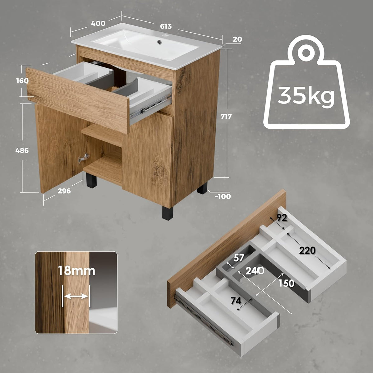 paplinskimoebel Meuble Salle de Bain 60 cm avec Vasque Ariza Sink | Meuble sous lavabo avec 1 tiroir et 2 Portes | Suspendu ou Debout | Bois Chêne