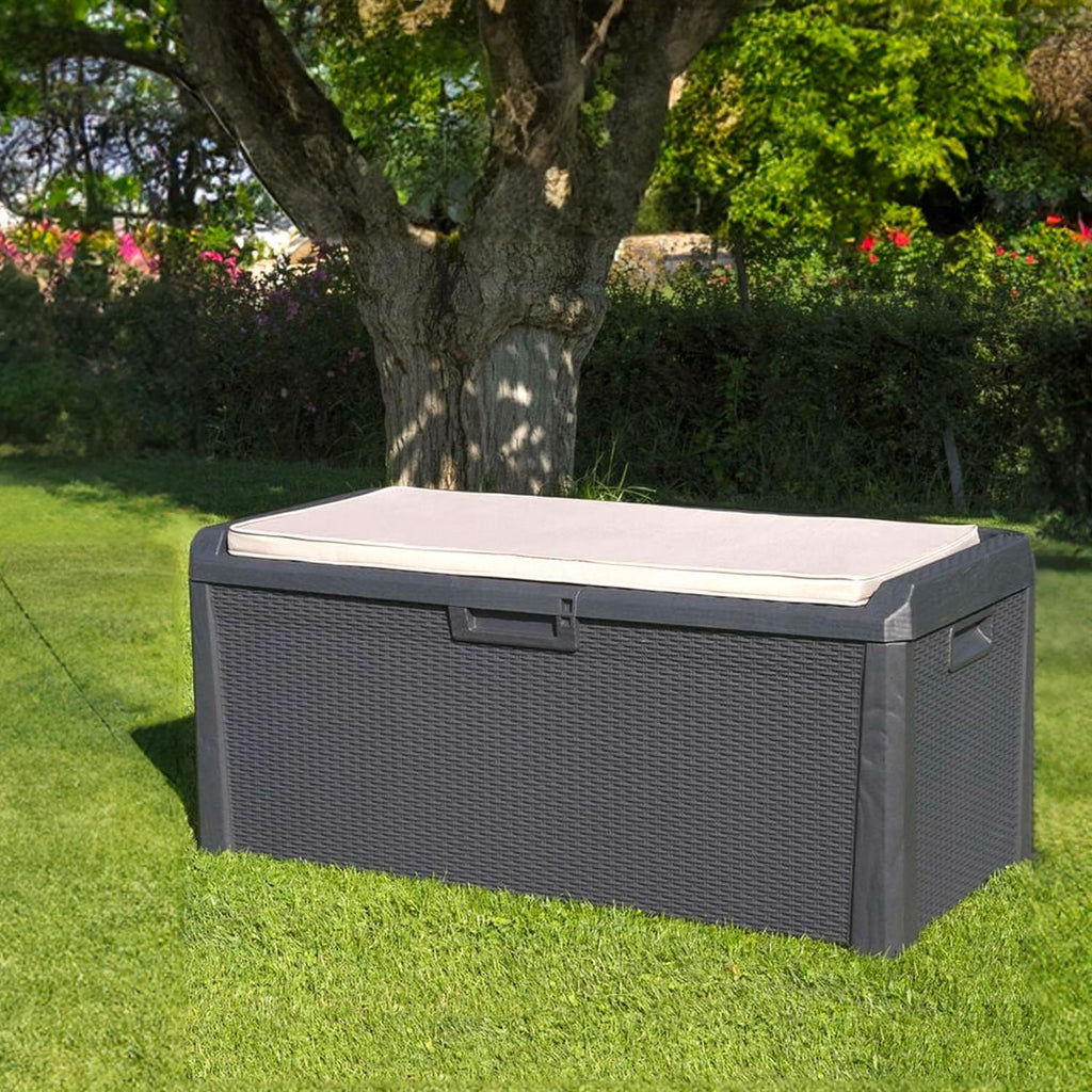 Avilia Coffre de rangement avec assise et coussin amovible d'extérieur – Coffre avec roues, résistant aux intempéries en polypropylène, 340L, 123 x 54 x 59 cm, anthracite