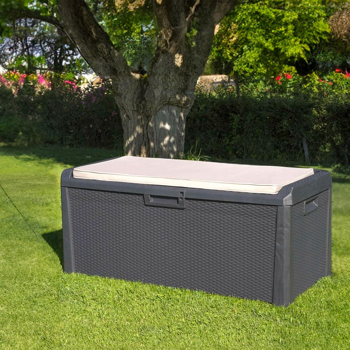 Avilia Coffre de rangement avec assise et coussin amovible d'extérieur – Coffre avec roues, résistant aux intempéries en polypropylène, 340L, 123 x 54 x 59 cm, anthracite