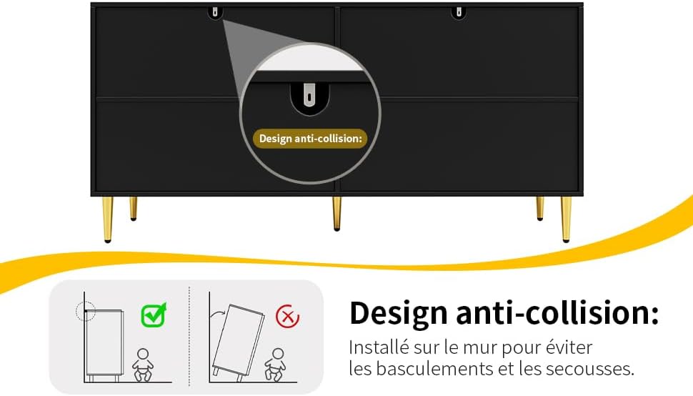 Buffet au design ondulé unique avec poignées et pieds dorés pour un coin repas élégant (noir, 152 x 40 x 75 cm)