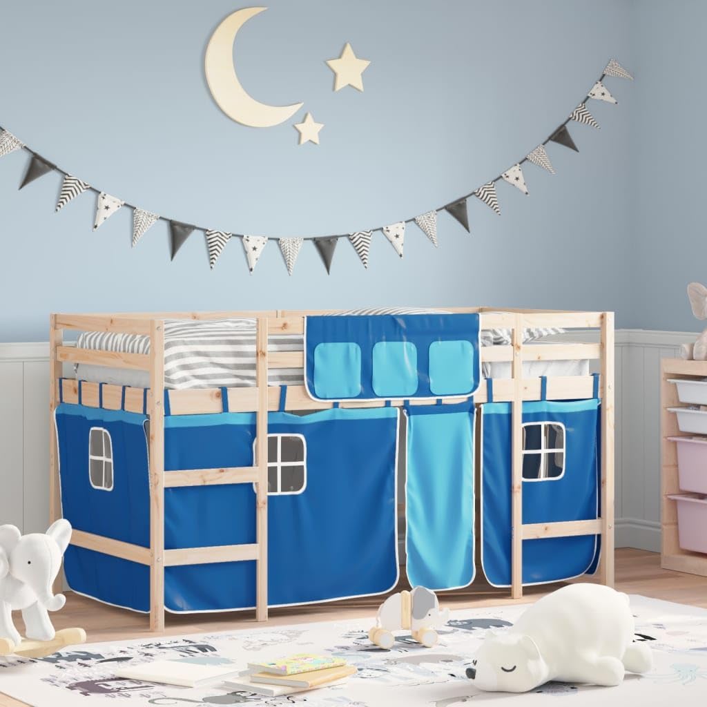 vidaXL Lit Mezzanine Enfants et Rideaux, Lit Surélevé pour Enfants avec Échelle, Meuble de Rangement Chambre, Moderne, Bleu 90x200 cm Bois Pin Massif
