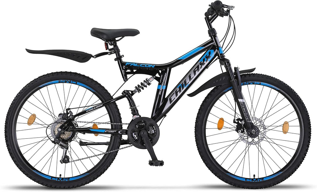 Chillaxx Falcon VTT de 24, 26, 27,5 et 29″, pour garçons, filles, femmes et hommes, frein à disque, dérailleur à 21 vitesses, suspension complète