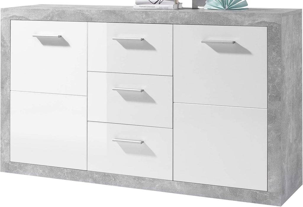 Stella Trading STONE Buffet aspect béton, blanc brillant - Commode moderne avec tiroirs et beaucoup d'espace de rangement - 147 x 89 x 37 cm (L/H/P)