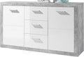 Stella Trading STONE Buffet aspect béton, blanc brillant - Commode moderne avec tiroirs et beaucoup d'espace de rangement - 147 x 89 x 37 cm (L/H/P)