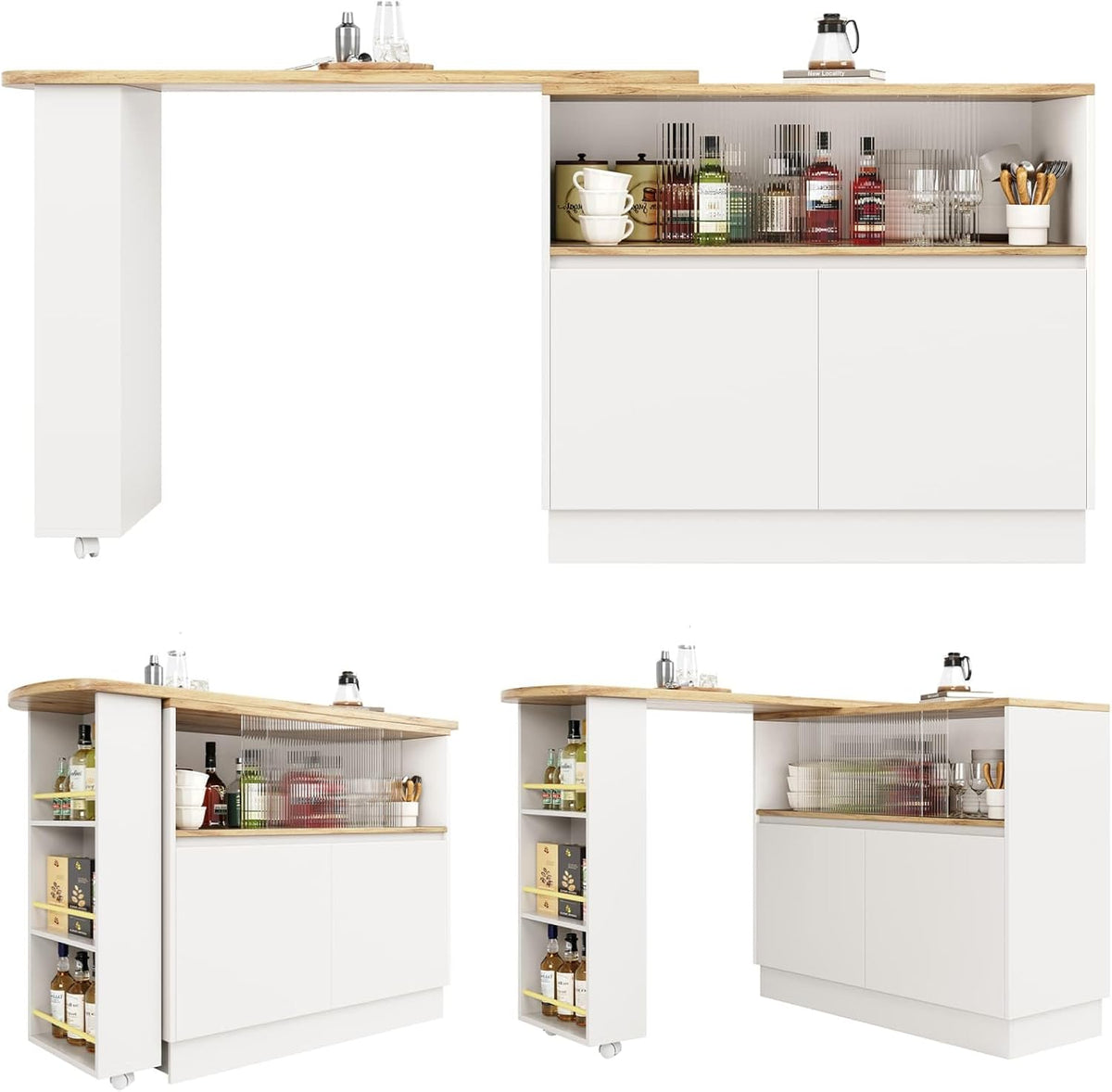 KOMHTOM Table de Bar Extensible avec Espace de Rangement, Meuble Bar avec 2 Portes en Verre, Rotation Libre à 360 °, étagères latérales (Blanc)