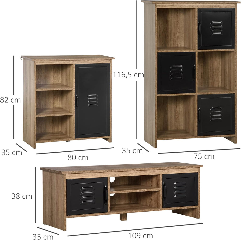 HOMCOM Ensemble Buffet Bibliothèque et Meuble TV Design Industriel 2 Passe-Fils Multi-Rangement Aspect Bois veinage Portes métal Noir