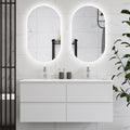 HAPAOSO Ensemble Meubles Salle de Bain 120 cm Blanc - Double Vasque Céramique, 4 Tiroirs de Stockage, Miroir LED Ovale Dimmable