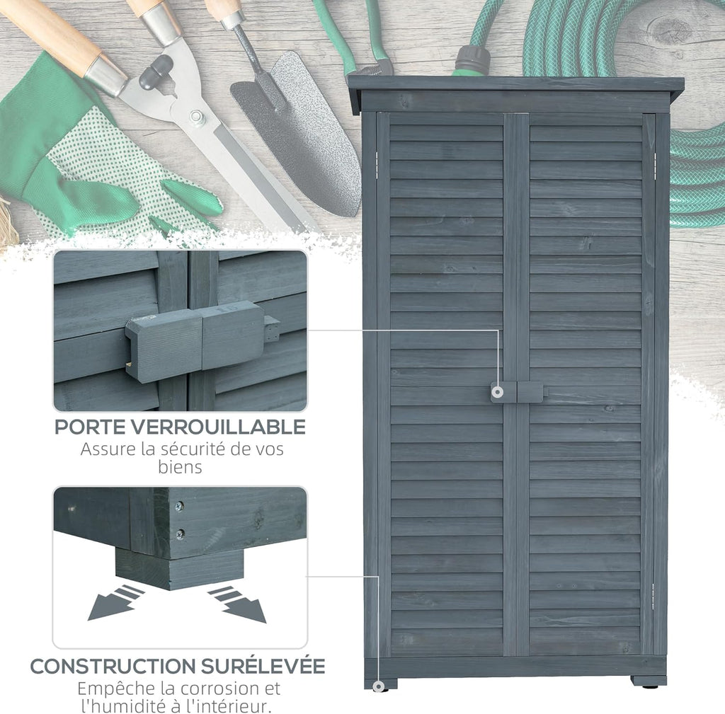 Outsunny Abri de Jardin abri à Outils sur Pied en Bois 2 étagères Portes à Volets Toit en Bitume incliné 87 x 47 x 160 cm Gris