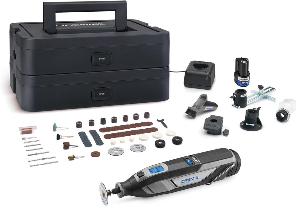 Dremel 8240 5/65 outil multi-usage sans-fil batterie 12V 2Ah, kit outil multi-usage avec 2 Batteries, 5 Adaptations, 1 boîte Platinum, 65 Accessoires