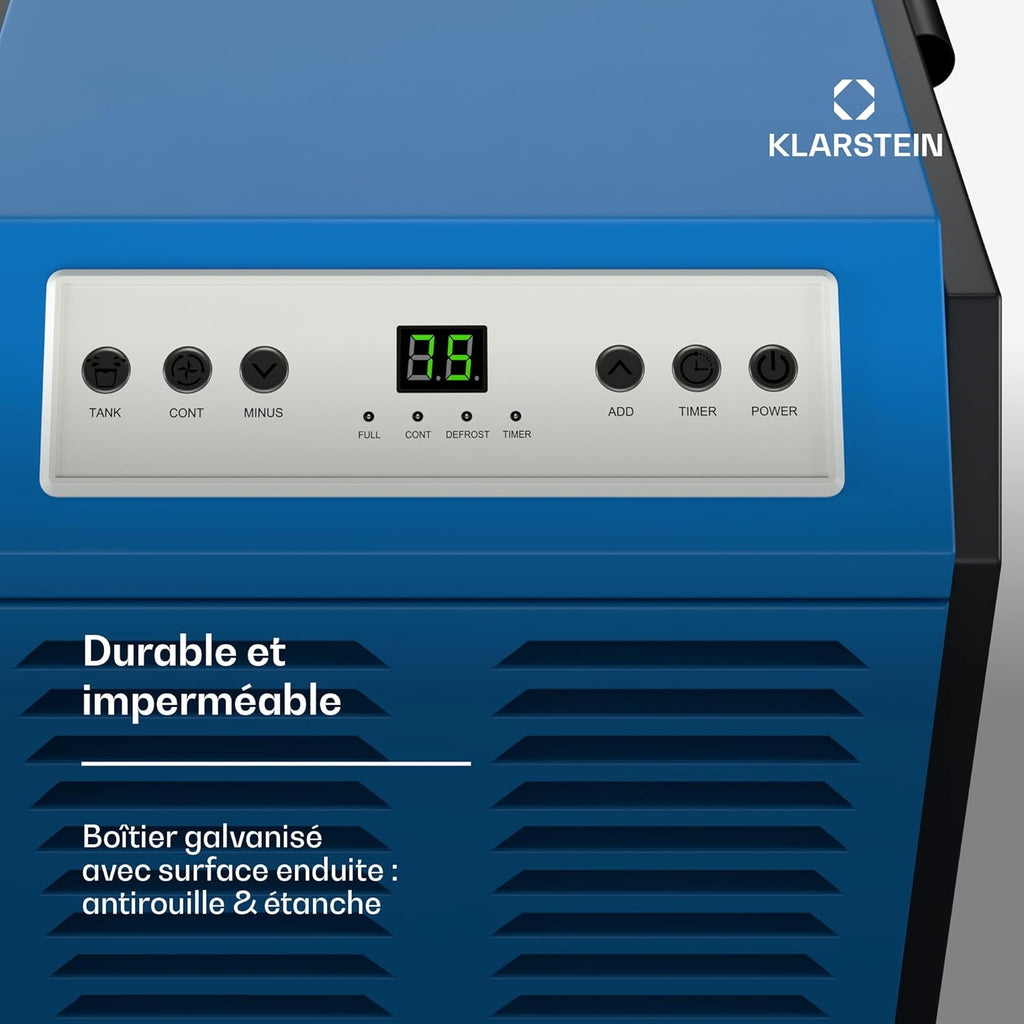 Klarstein DuraDry 50L déshumidificateur d'air, 52 dB, réservoir de 5,5L, minuterie 24h, dégivrage auto, filtre lavable, portable, déshumidificateur électrique pour grands espaces, sous-sols, entrepôts