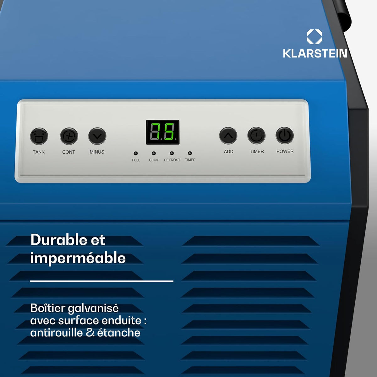 Klarstein DuraDry 50L déshumidificateur d'air, 52 dB, réservoir de 5,5L, minuterie 24h, dégivrage auto, filtre lavable, portable, déshumidificateur électrique pour grands espaces, sous-sols, entrepôts