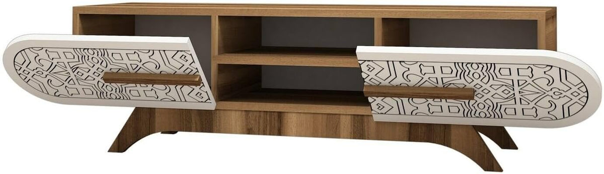 Dmora - Meuble TV Alud, Buffet de Salon, Armoire Basse pour TV, Base Murale équipée, 145x37h37 cm, Noyer et Blanc