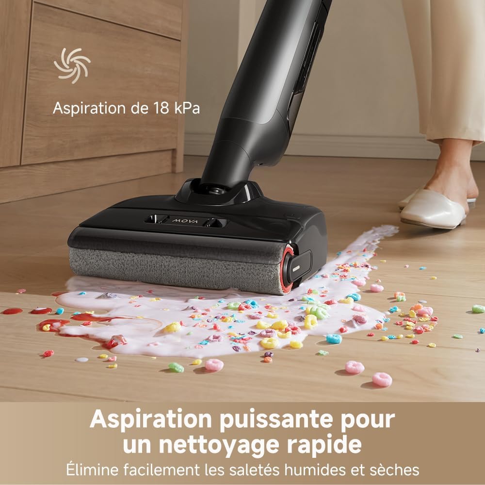 Mova M10 Aspirateur eau et poussière, portée à plat de 180°, flexible et pivotant à 90°, poids de 0,9 kg en main, lavage de brosse 75 °C + séchage air chaud 5 min, anti-anchevêtrement,aspiration 18kPa