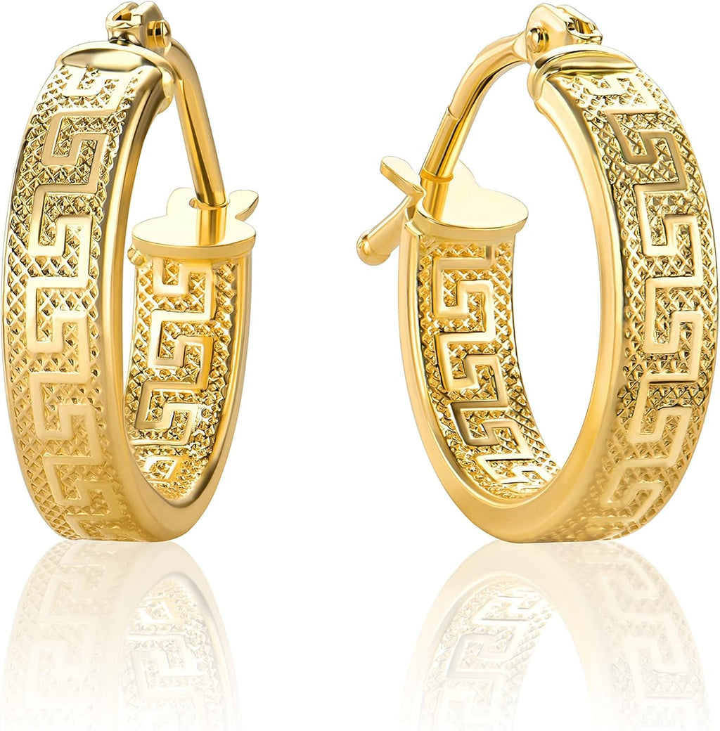 Boucles d'oreilles PR141 en or jaune 585 de 14 carats - Motif petite clé grecque - 3 x 14 mm de diamètre
