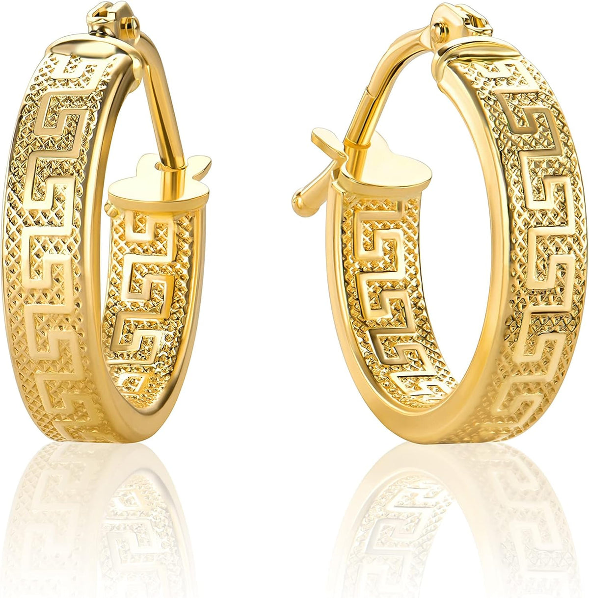 Boucles d'oreilles PR141 en or jaune 585 de 14 carats - Motif petite clé grecque - 3 x 14 mm de diamètre