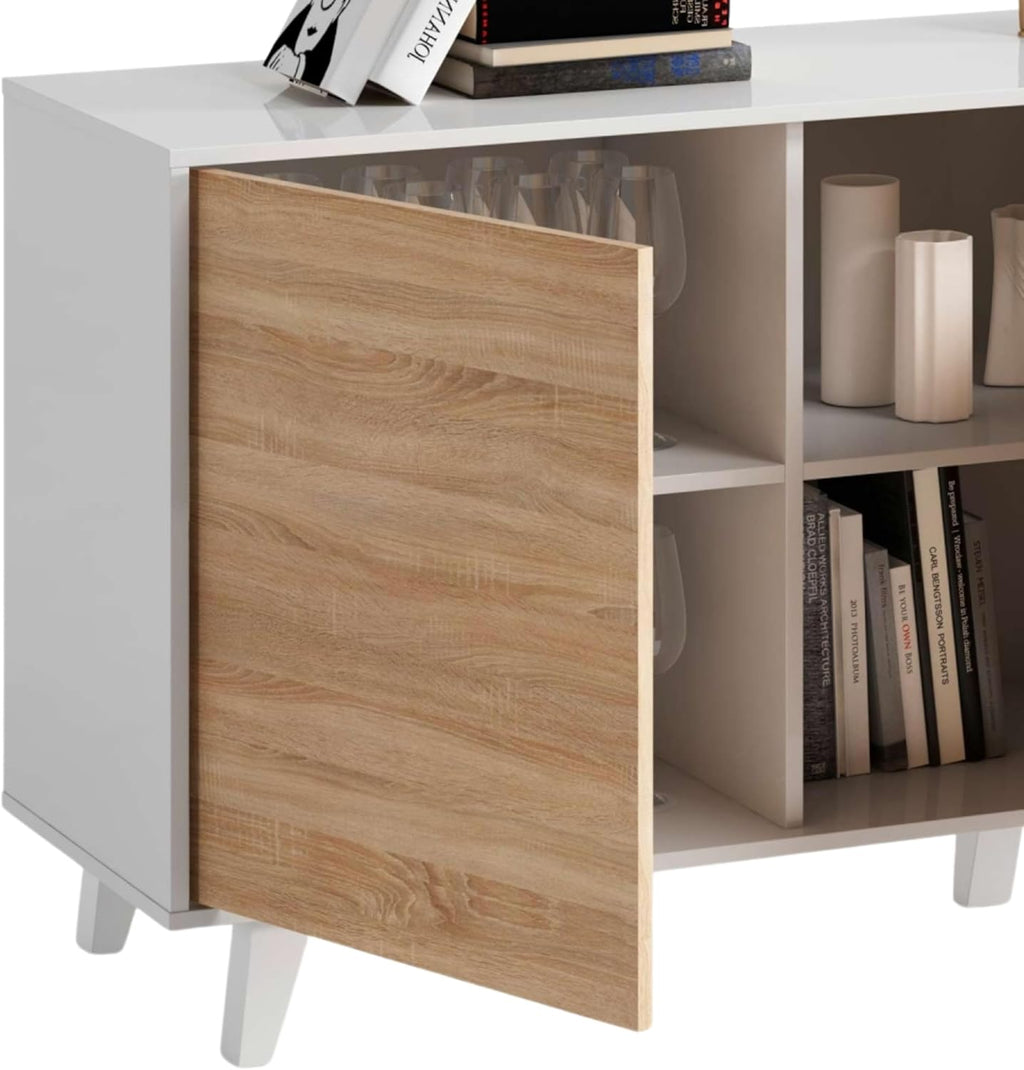 Habitdesign modèle Zaiken Plus Buffet, salon salle à manger 3 portes, blanc brillant et chêne canadien, dimensions : 154 x 75 x 41 cm (l x H x P).