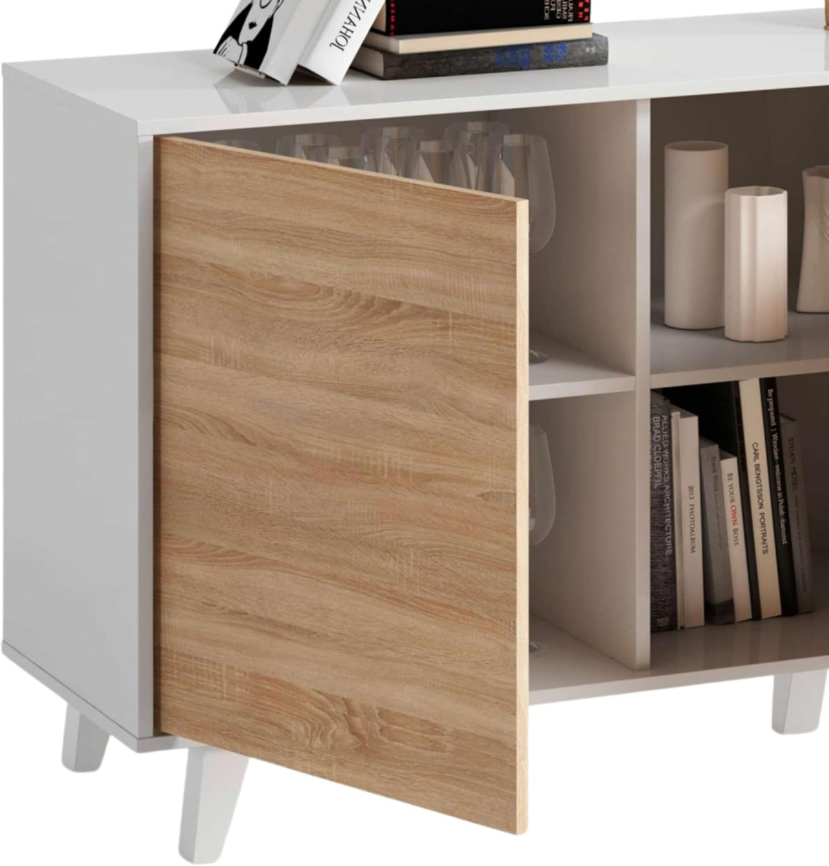 Habitdesign modèle Zaiken Plus Buffet, salon salle à manger 3 portes, blanc brillant et chêne canadien, dimensions : 154 x 75 x 41 cm (l x H x P).