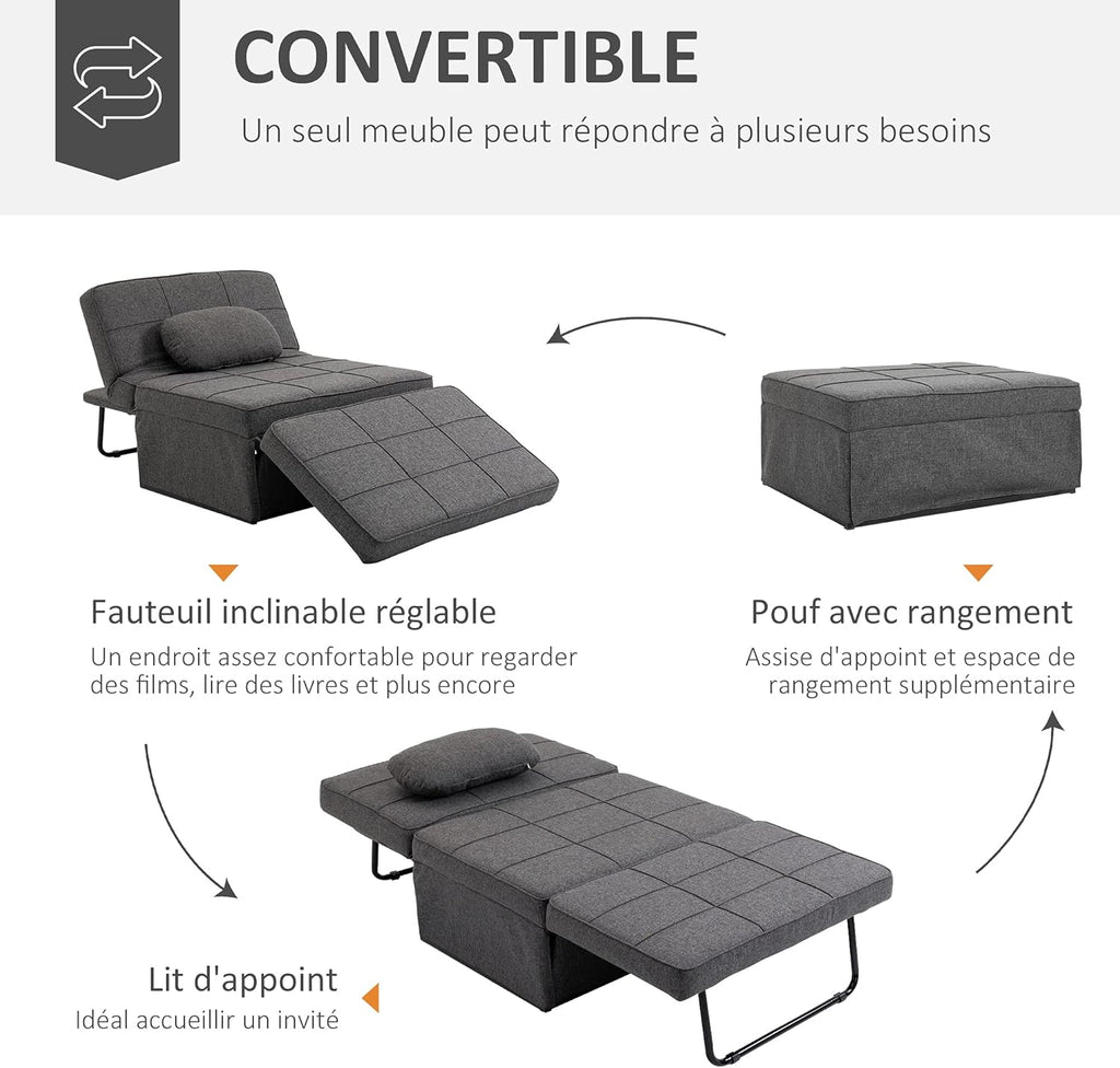 HOMCOM Chauffeuse 1 Place 4 en 1 Fauteuil lit Convertible Pouf Dossier inclinable 5 Niveaux Repose-Pied Rabattable, Charge 200 Kg, châssis métal et Tissu Lin Gris