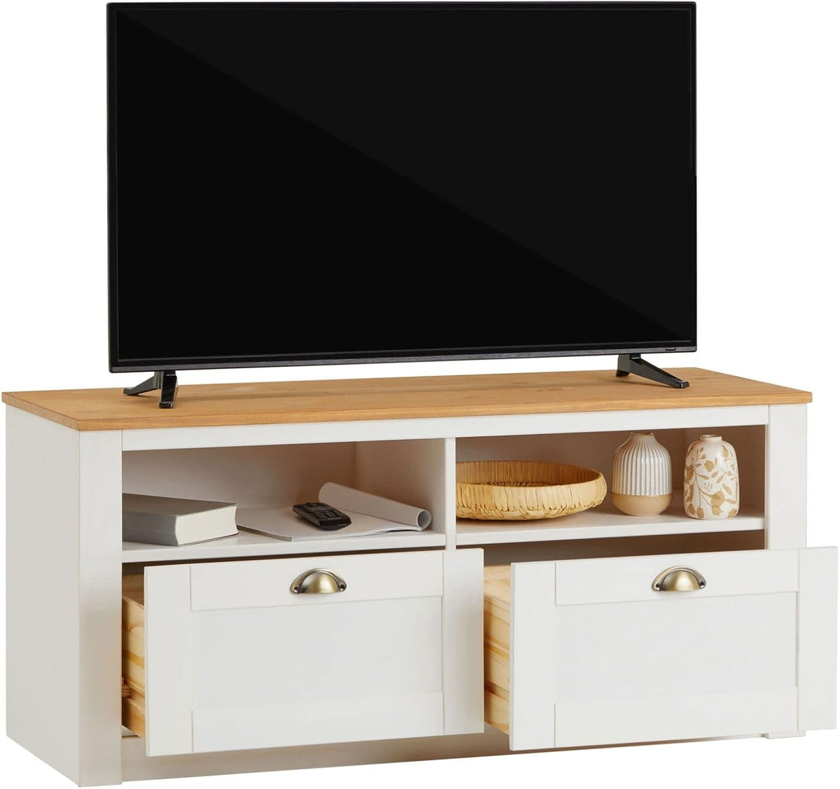 IDIMEX Meuble TV Bolton 2 tiroirs et 2 niches de Rangement, Meuble télé Design Campagne en pin Massif Blanc et Brun, dim 110x50x40 cm