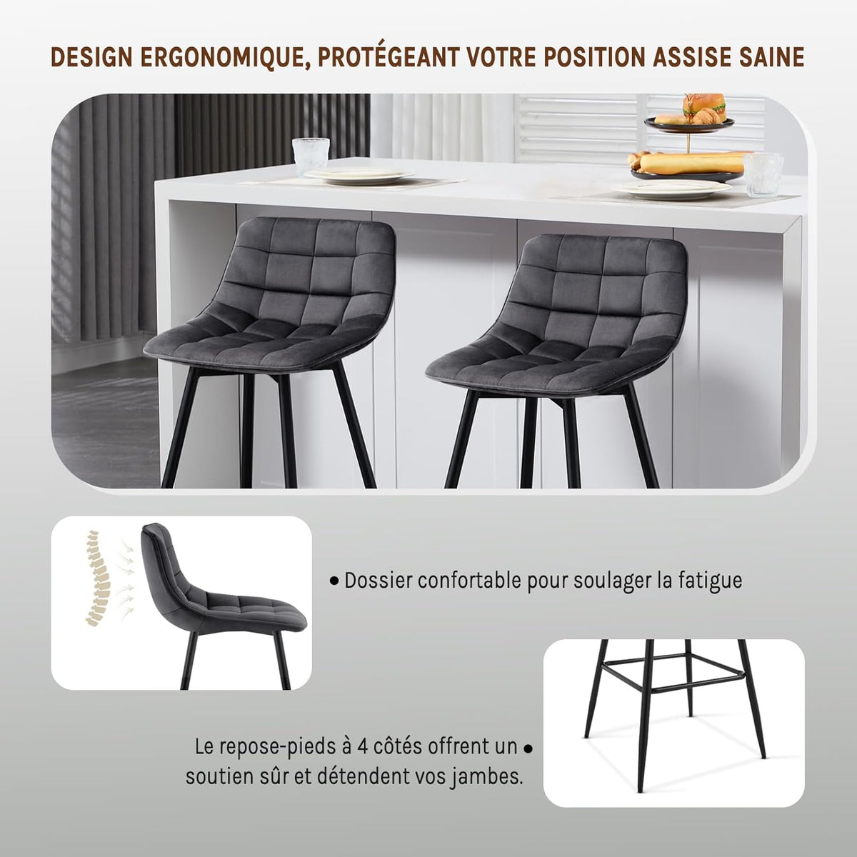 WOLTU 4 X Tabouret de Bar Bistro Chaise de Bar Assise rembourrée en Velours avec Pieds et Repose-Pieds en métal,Gris Foncé BH143dgr-4