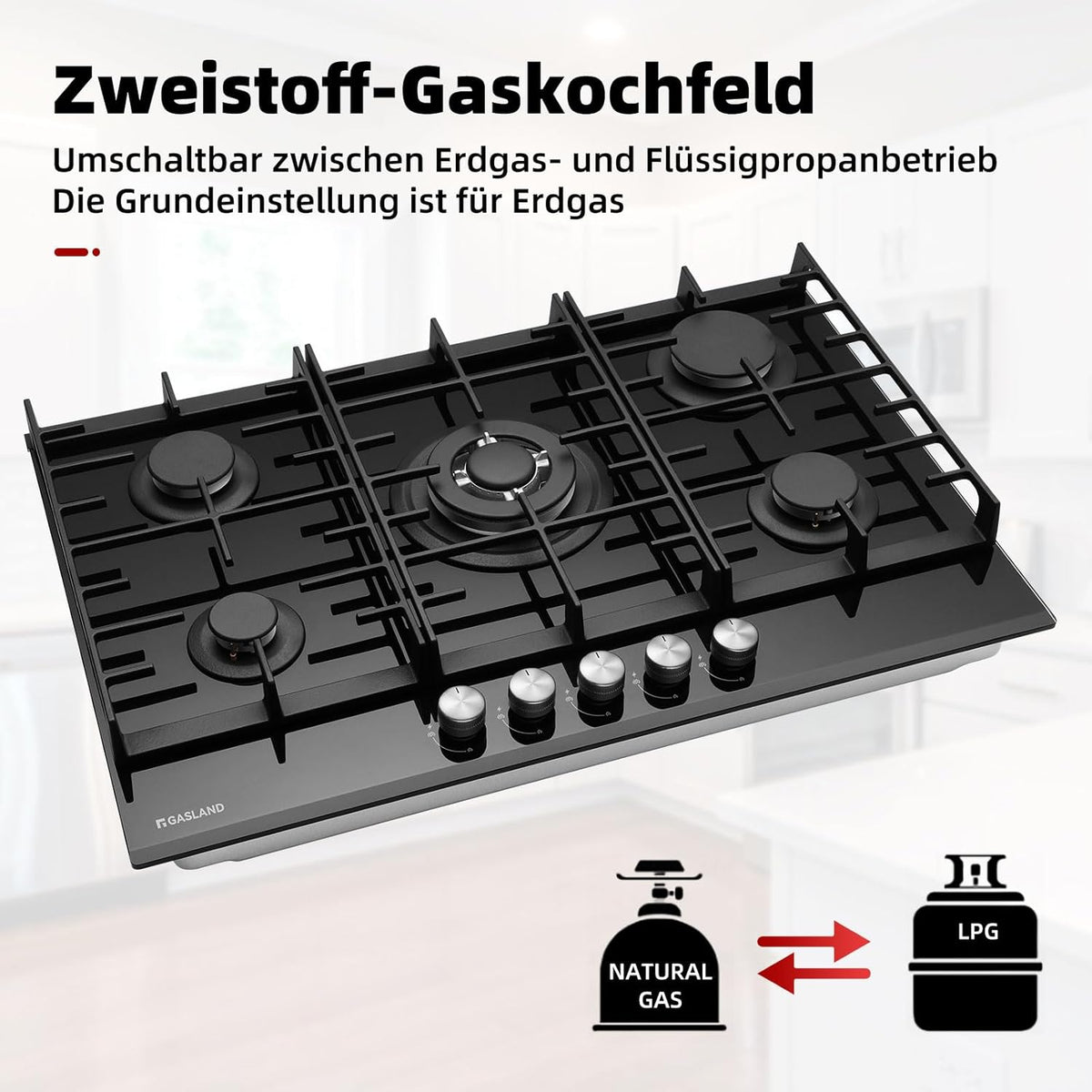 GASLAND GH2805BG1FC Table de cuisson à gaz 5 feux, avec brûleur wok, encastrable, 76cm noir, cuisinière à gaz en verre, 10.4KW, GPL/NG