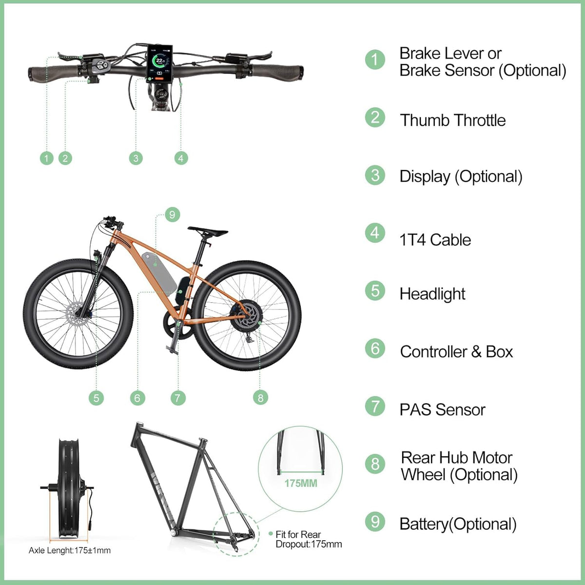 BAFANG 48V 1000W Kit De Conversion Vélo Électrique G062 20-26 Pouces Fat Tire 20x4.0 avec Affichage Optionnel Et 48V Batterie, Kit de Conversion E-Bike