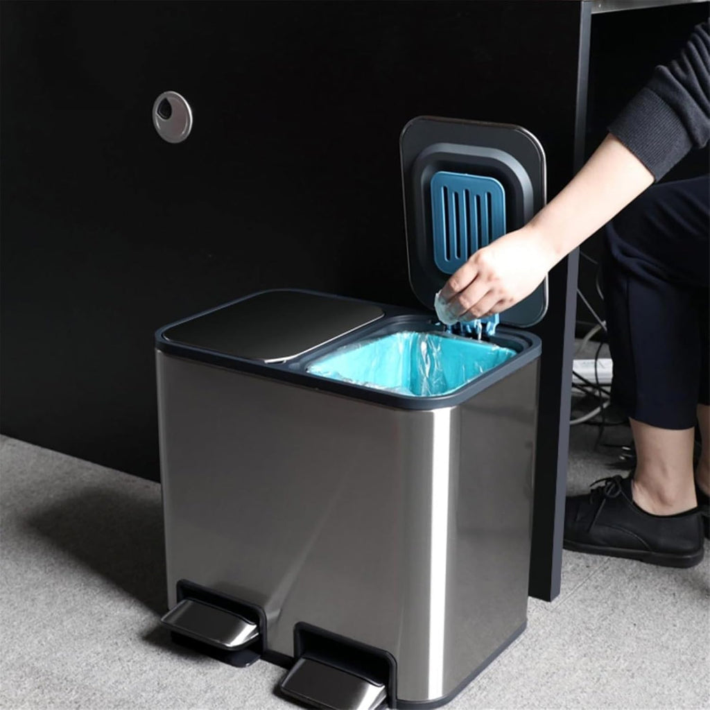 MENGLI-2024 Poubelle Poubelle de Cuisine à Double Compartiment avec bacs déchets ou Recyclage et Couvercle Fermeture Douce(Silver)