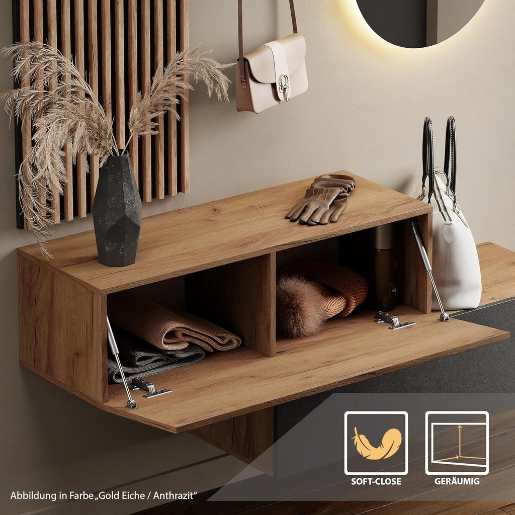 Planetmöbel Lot de 2 vestiaires de couloir 100 cm Chêne doré Anthracite Panneau mural 50 cm Chêne doré/anthracite Miroir 50 cm