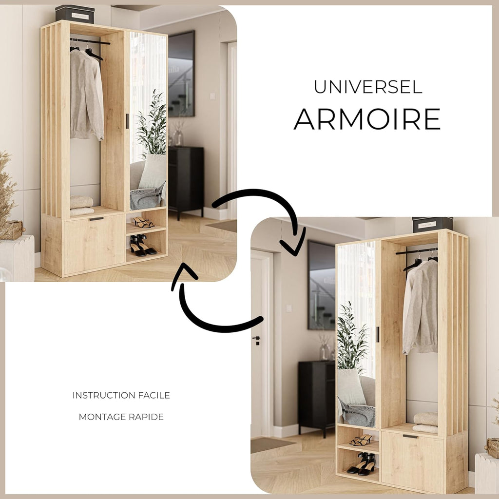 GREKPOL Droite/Gauche Vestiaire d'entrée avec Miroir (7 étagères) avec Crochets Inclus- 100 x 33 x 190 cm Meuble Porte-Manteau et Chaussures Artisan