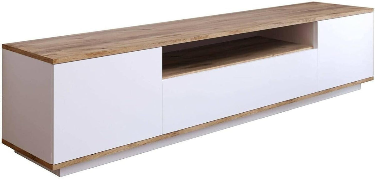 Dmora - Meuble TV Sinope, Buffet de Salon, Armoire Basse pour TV, Base Murale de Rangement, 180x45h45 cm, Chêne et Blanc